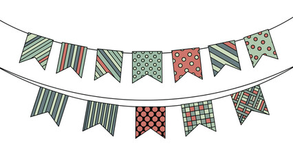 Obraz premium Colorful bunting flags with stripes and polka dots hang on strings to decorate festivals birthdays and special celebration events.
