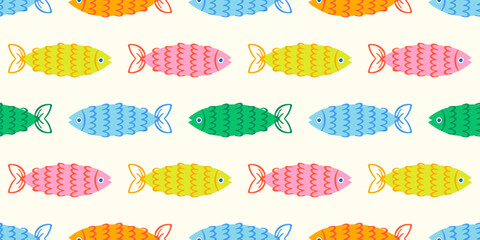Stoffe zum Nähen Colorful fish animal seamless pattern. Summer background design. Vacation travel concept. Fishing activity flat cartoon backdrop illustration.