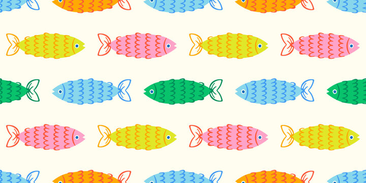 Colorful fish animal seamless pattern. Summer background design. Vacation travel concept. Fishing activity flat cartoon backdrop illustration.