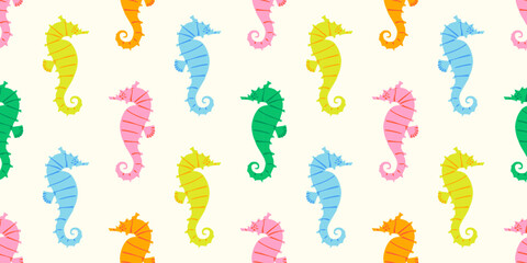 Colorful seahorse animal seamless pattern. Summer background design. Vacation travel concept. Sea horse flat cartoon backdrop illustration. © Dedraw Studio