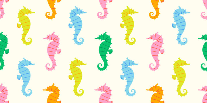 Colorful seahorse animal seamless pattern. Summer background design. Vacation travel concept. Sea horse flat cartoon backdrop illustration.