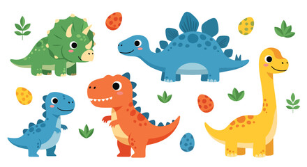 Flat style vector illustration of cute cartoon dinosaurs set featuring colorful t rex, triceratops and brachiosaurus with playful expressions, perfect for kids design and nursery themes © Amie