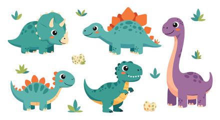 Flat style vector illustration of cute cartoon dinosaurs set featuring colorful t rex, triceratops and brachiosaurus with playful expressions, perfect for kids design and nursery themes © Amie