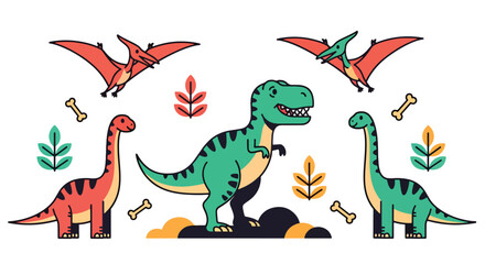 Flat style vector illustration of colorful dinosaur characters including t rex, stegosaurus and pterodactyl in playful poses, perfect for kids branding, education and creative design use © Amie
