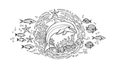 Fototapeta premium Vintage Hand-Drawn Underwater Marine Life Illustration Vector Art