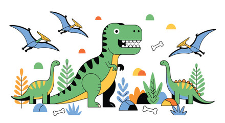 Flat style vector illustration of colorful dinosaur characters including t rex, stegosaurus and pterodactyl in playful poses, perfect for kids branding, education and creative design use © Amie
