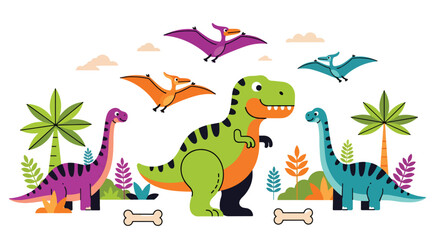 Flat style vector illustration of colorful dinosaur characters including t rex, stegosaurus and pterodactyl in playful poses, perfect for kids branding, education and creative design use © Amie