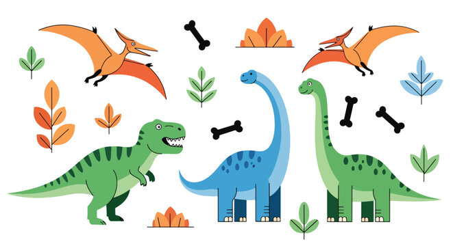 Flat style vector illustration of colorful dinosaur characters including t rex, stegosaurus and pterodactyl in playful poses, perfect for kids branding, education and creative design use