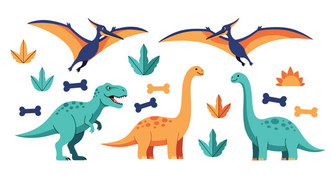 Flat style vector illustration of colorful dinosaur characters including t rex, stegosaurus and pterodactyl in playful poses, perfect for kids branding, education and creative design use