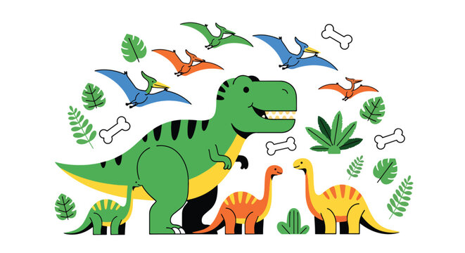 Flat style vector illustration of colorful dinosaur characters including t rex, stegosaurus and pterodactyl in playful poses, perfect for kids branding, education and creative design use