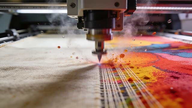A textile print head sprays vibrant eco-solvent ink onto the fabric; the ink droplets float in the air.
