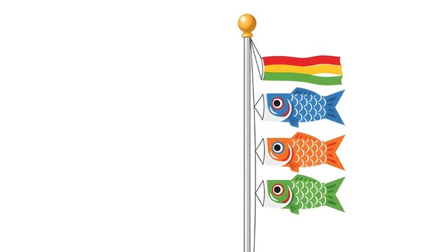 Japanese Koinobori Carp Streamers and Flag on a Pole Celebrating Children's Day