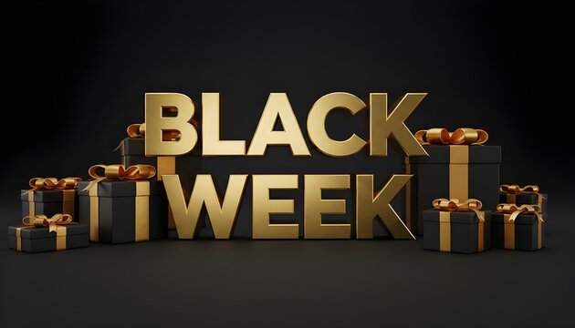 Black Week Big Savings Shopping Event With Gift Boxes Surrounded By 3D Gold Text