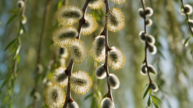 Pussy willow branches sway gently in the spring breeze capturing motion in this detailed nature video clip