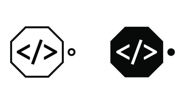 Contrasting octagonal icons featuring code angle brackets in different styles and backgrounds