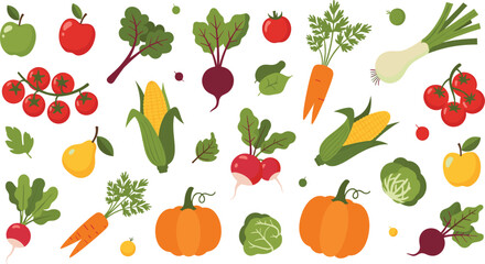 Fototapeta premium Fresh Fruits and Vegetables Set with Apple, Tomato, Corn, Carrot, Beetroot, Pumpkin, and Greens Colorful Vector Illustration for Healthy Food and Nutrition Design.