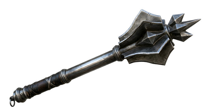 Antique silver mace weapon with a pointy end, metal medieval weapon, antique armament isolated on white or transparent background