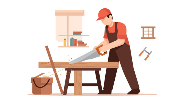 Carpenter sawing wood on workbench in workshop flat design vector illustration for home improvement and craftsmanship concepts