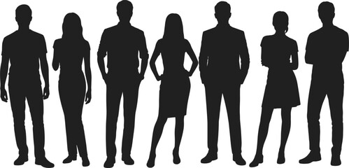 Diverse group of seven people silhouettes standing together on white background Keywords: group, people, silhouette, standing, men © MdMehedi