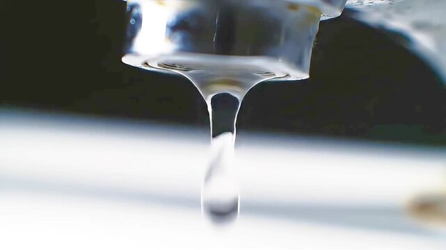 Water droplet falling from a faucet in slow motion.