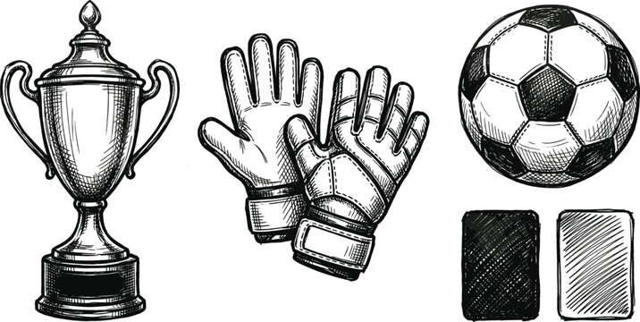 Vintage Hand Drawn Soccer Equipment Set with Championship Trophy Goalkeeper Gloves Football and Referee Cards for Sports Branding and Athletic Graphic Designs