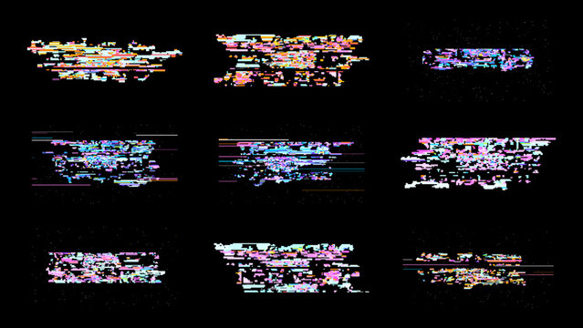 Glitch digital noise background with pixel art distortion and RGB scanline fragments on black. This technology gaming set delivers high contrast cyberpunk style for UI overlays and motion graphics.