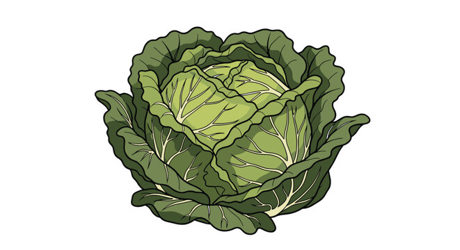 Fresh green cabbage head illustration with detailed textured leaves, showcasing a healthy vegetable for cooking and farming themes.