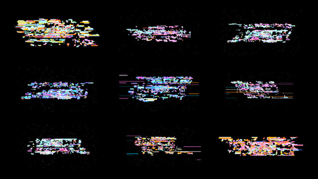 Glitch digital noise background with pixel art distortion and RGB scanline fragments on black. This technology gaming set delivers high contrast cyberpunk style for UI overlays and motion graphics.