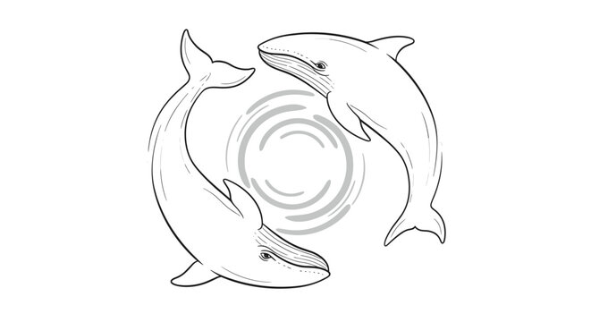 Two humpback whales swimming in a circular motion around a ripple effect, depicted in a detailed black and white line drawing.