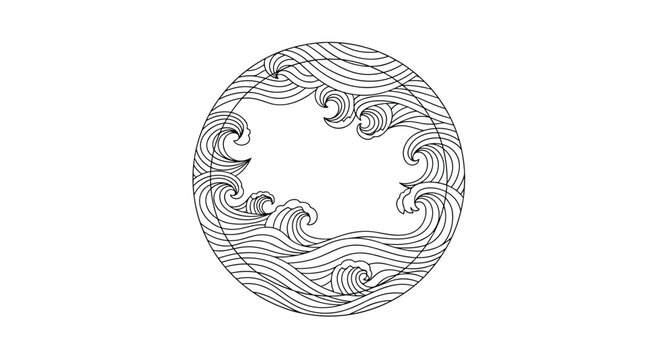 Detailed circular frame filled with turbulent Japanese style ocean waves in a fine line drawing, ideal for maritime art projects.