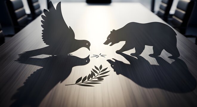 Shadow silhouettes of a dove and a bear facing each other on a table
