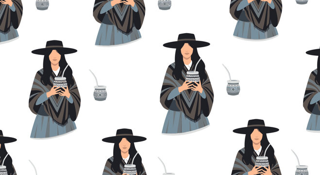 Argentine Gaucho Woman with Mate Tea Vector Illustration, Traditional South American Culture Pattern, Flat Design Style Graphic for Cultural Heritage Projects