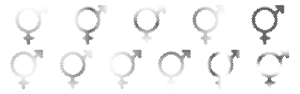 Male Female Halftone Icon Collection &ndash; Male Female Dotted Circles Halftones Geometric Dots Gradient &ndash; Dot Spray Gradient Vector Set &ndash; Male Female Illustration Halftone Gradient
