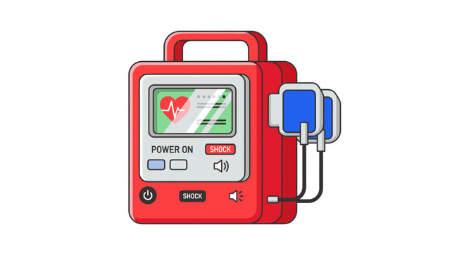 Automated External Defibrillator Vector Illustration, Portable Medical Heart Rescue Device for Emergency Cardiac Care and First Aid Training Equipment Graphic