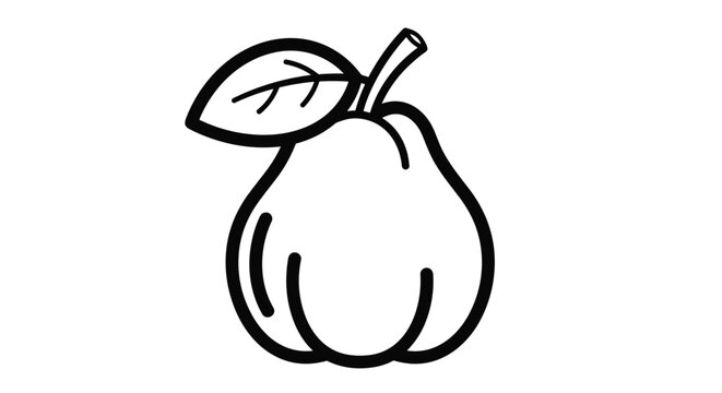 Simple black and white line art illustration of a fresh quince fruit with a single leaf and stem on white background.