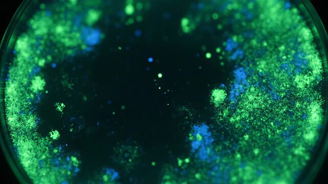 Microscopic view of glowing green and blue particles in dark liquid.