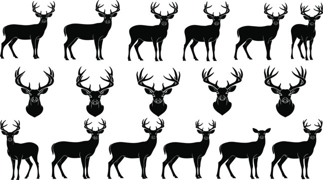 Silhouette collection of deer and stag icons featuring various standing poses and antler styles for nature, wildlife, and outdoor themed designs.