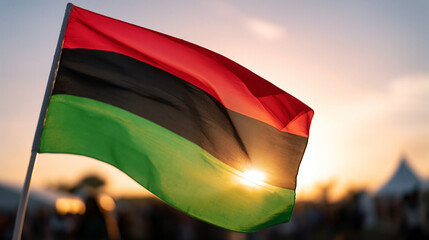 Pan-African flag waving against sun during sunset. Symbol of heritage, culture and unity for Juneteenth celebration. Liberation day African American history pride and freedom concept.