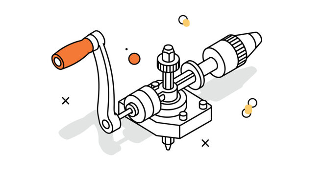Detailed isometric line drawing of an industrial hand operated mechanical drill press or technical tool with orange handle.