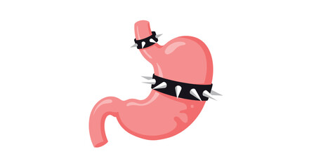 Obraz premium Human stomach organ illustration wearing punk style spiked black leather collars, conceptual art representing digestive pain or rebellion.