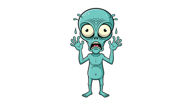 Scared alien cartoon character with large eyes stands sweating in fear against a plain white background, expressive extraterrestrial.