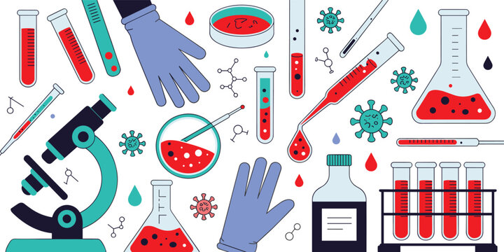 Science laboratory equipment set with microscope test tubes petri dish and virus cells for medical research and blood testing illustration