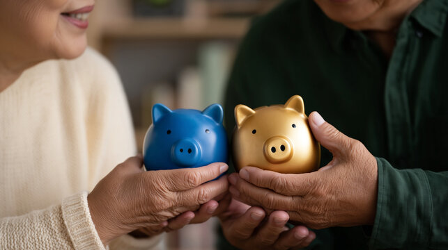 Senior woman and man holding piggy bank. Retired couple planning financial future during pension age. Investment, savings and retirement fund concept for elderly people in home environment.