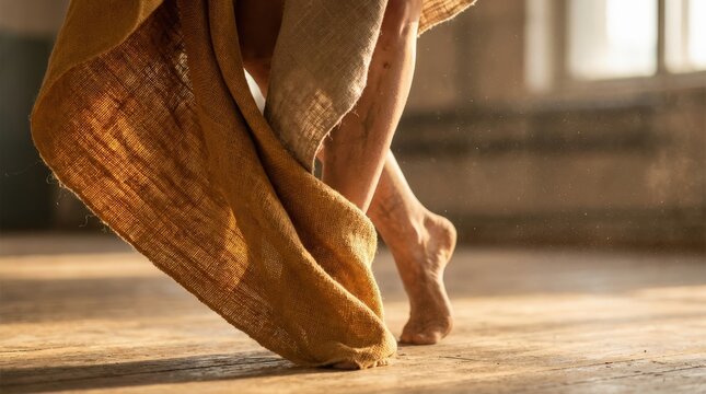 Barefoot dancer in motion with flowing fabric in a sunlit studio, wooden floor and soft light creating an ethereal atmosphere