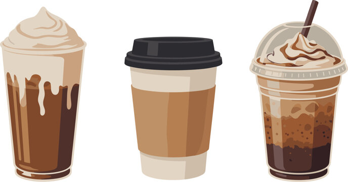 Set of takeaway coffee cups including iced frappuccino with whipped cream and hot coffee in paper cup for cafe menu design illustrations.