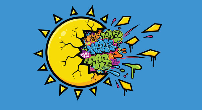 Colorful graffiti explosion on sun.