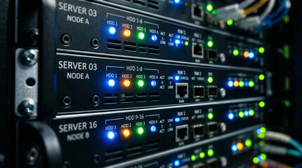 Fototapeta premium AI data centers server racks with blinking lights and cables