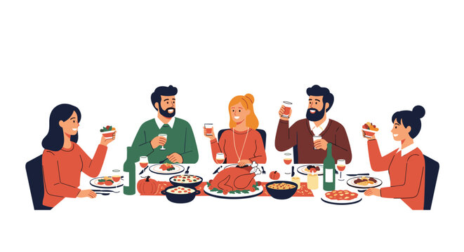 Diverse group of family and friends enjoys a festive Thanksgiving dinner around a large table featuring a roasted turkey.