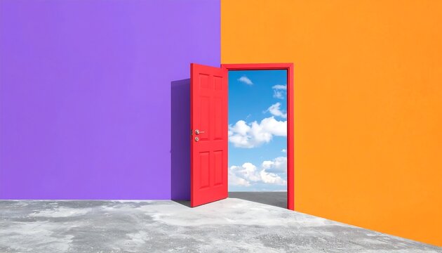 A partially open red door reveals a cloud-filled sky against a purple and orange wall, atop a marbled floor