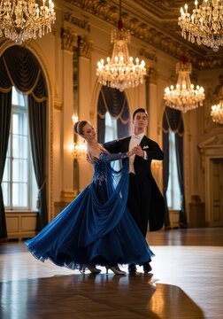 Elegant ballroom dancers perform a graceful routine in a grand hall illuminated by crystal chandeliers.